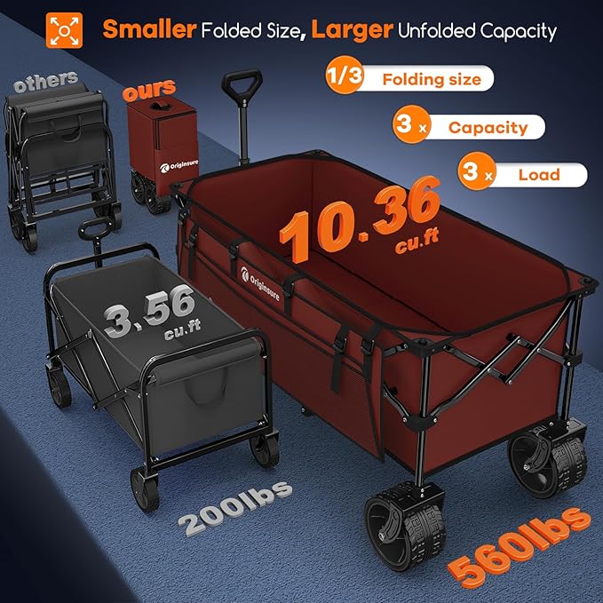Originsure 48" L Collapsible Wagon Cart Foldable, 560lbs Weight Capacity 300L Heavy Duty Folding Beach Wagons with Big All-Terrain Wheels, Utility Carts for Groceries, Shopping, Camping, Sports-red