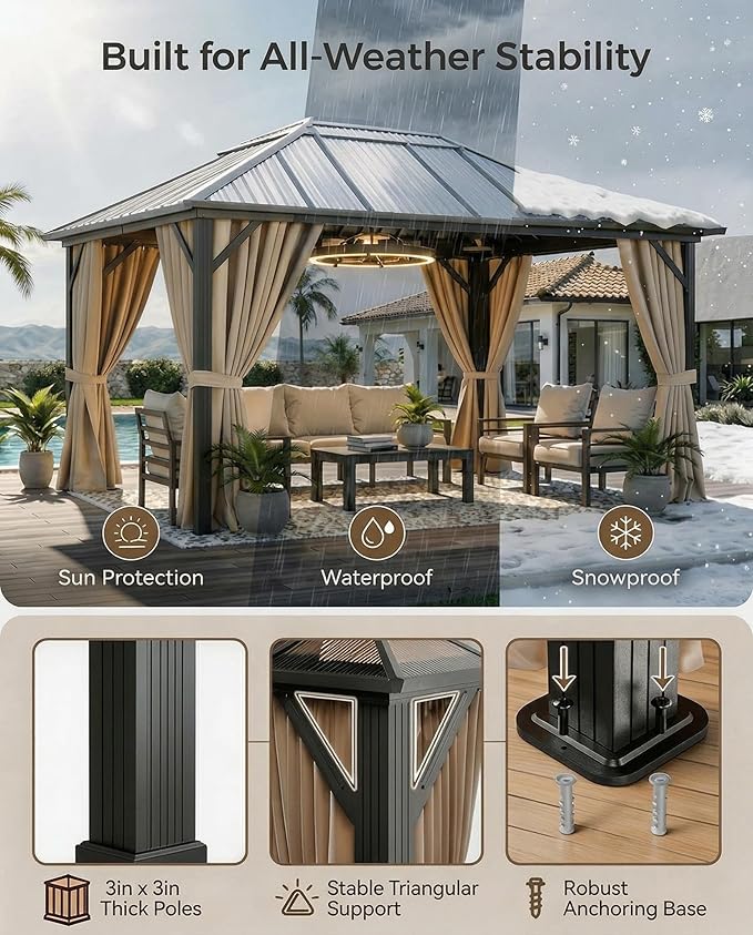 10' x 13' Hardtop Gazebo with Polycarbonate Double Roof, Aluminum Frame Permanent Pavilion with Curtains and Netting, Outdoor Gazebo for Patio Backyard（Khaki）