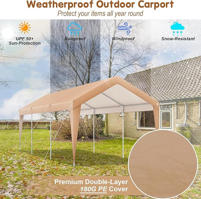 Tangkula 10x20 Ft Heavy-Duty Carport, Portable Garage Tent Carport with Galvanized Steel Frame, All-Season Tarp, Outdoor Car Canopy Shelter for Car, Truck, SUV, Boat