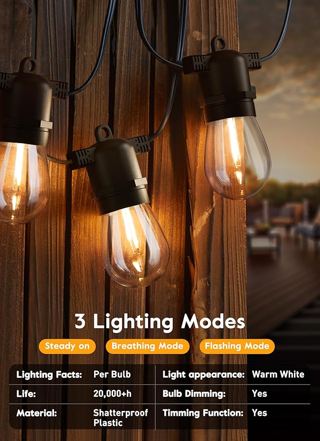 Brightown 55FT Solar String Lights Outdoor Waterproof, Patio Lights with Remote and 16+1 LED Shatterproof Bulbs, Dimmable & Timable, 3 Light Modes, Solar Lights Outdoor for Yard Garden Camping Party