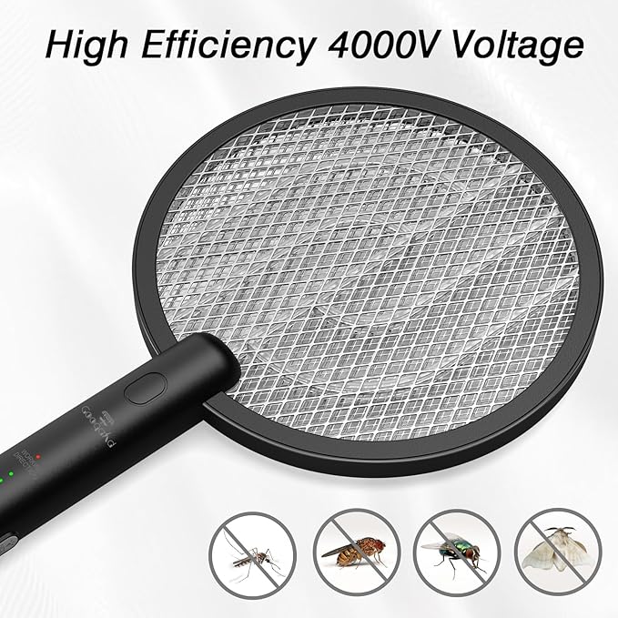 Bug Zapper Racket, 2 Mode Fly Swatter USB Rechargeable, 4000V Electric Fly Zapper with 3 Layer Safety Mesh，Electric Racket for Kitchen, Home, Garden and Outdoors(2 Pack