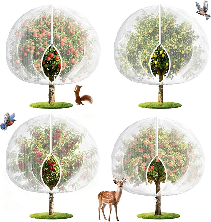 4PCS 10Ft × 10Ft Fruit Tree Netting with Zipper and Drawstring, 60 Mesh Thickened Garden Bird Netting for Blueberry Bushes, Fruits, Vegetables, Insect Bird Barrier Mesh Protective Cover