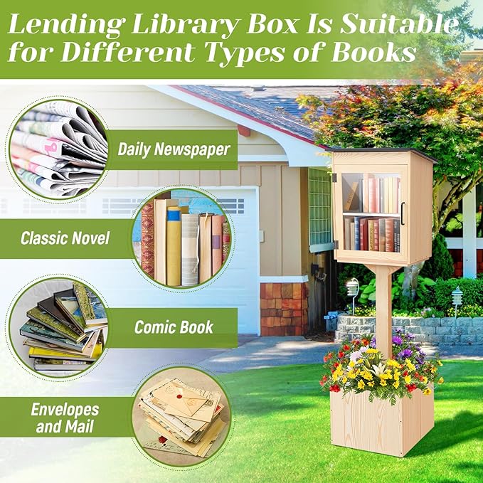 Wonderjune Wooden Little Library Box Outdoor, Weatherproof Double Solid Wood Book Exchange Box with Floor Plugs and Small Flower Fence for Neighborhoods, Community, Literature, School(Natural Wood)