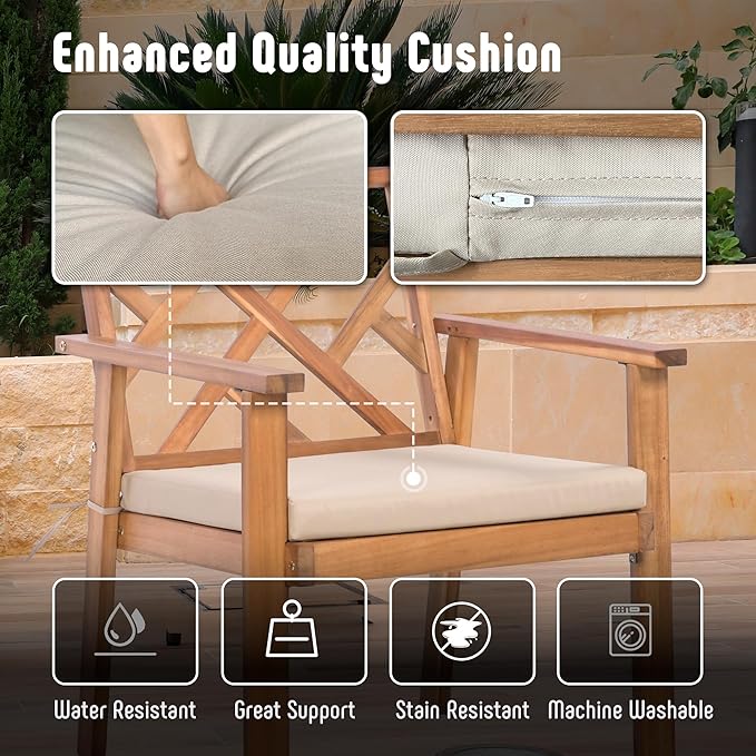 Werph Outdoor Patio Furniture Set, 4 Piece Patio Sofa Bench and 2 Single Sofa Chairs with Table & Padded Cushions, Acacia Wood Outdoor Patio Lounge Conversation Set for Deck Backyard Balcony