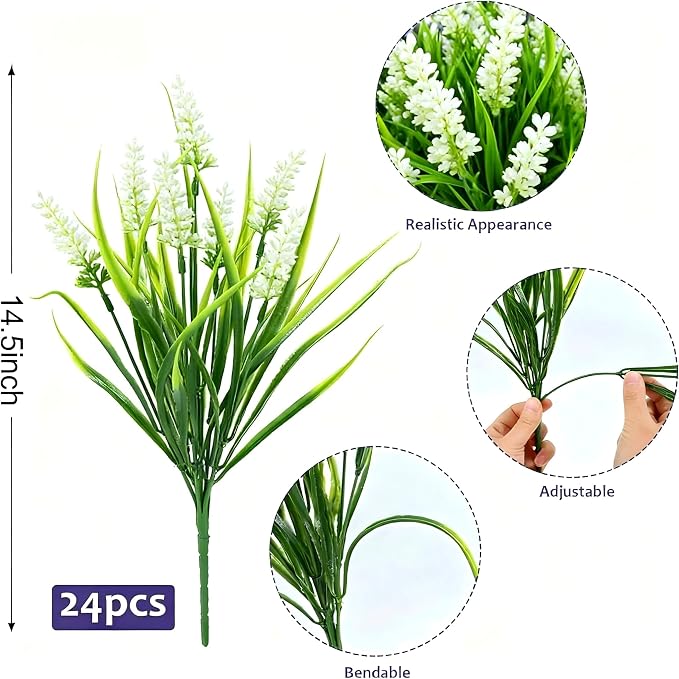 Geegoods Artificial Plants Flowers Outdoor – 48 Bundles UV Resistant Faux Lavender Flowers with Monkey Grass for Garden Porch Window Patio Hanging Planter Decor