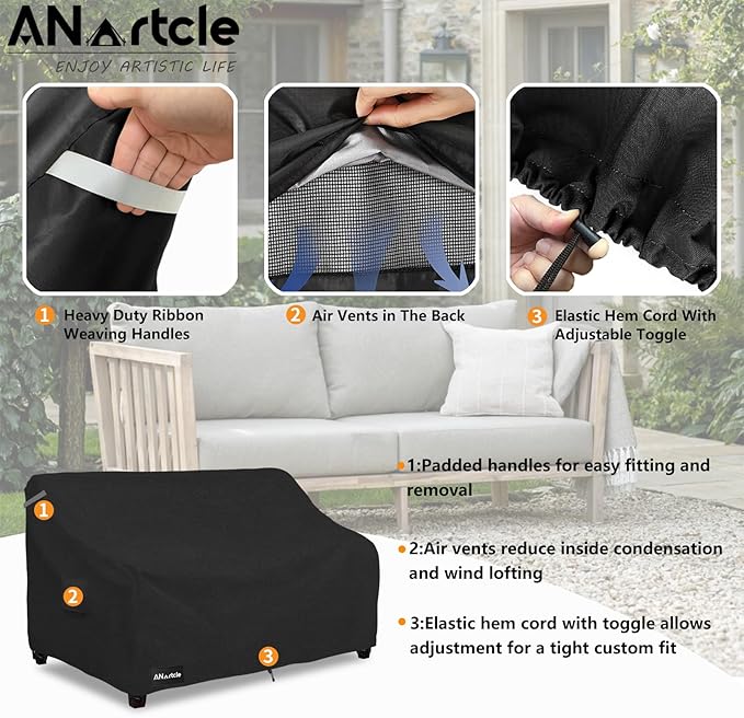 ANartcle 2-Seater Patio Loveseat Cover,58W x 32.5D x 31H Inches Outdoor Couch Cover,100% Waterproof Heavy Duty Patio Sofa Covers,Patio Furniture Covers,Black