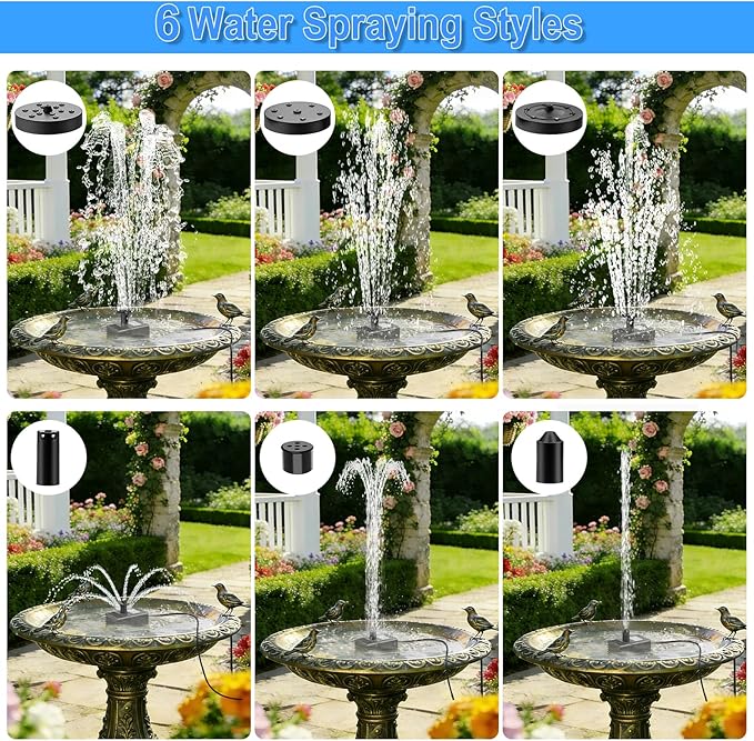12W Solar Fountain Pump for Water Feature Outdoor DIY, Solar Water Fountain 132 GPH with 9.84FT Power Cable, 6 Spray Nozzles, 3.28FT DIY Tubing for Garden, Pond, Bird Bath