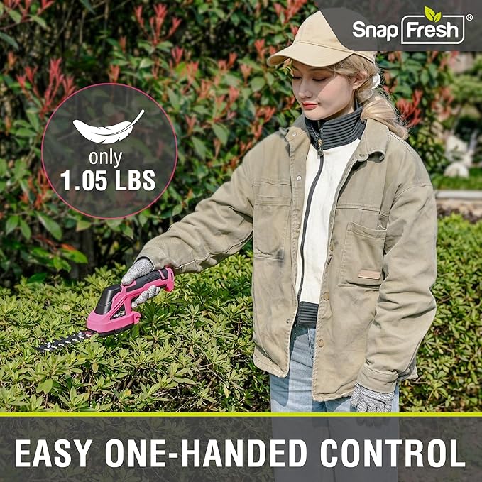 SnapFresh Cordless Hedge Trimmer & Grass Shears, 7.2V 2-in-1 Handheld Electric Bush Trimmer, Lightweight & Low-Noise, Rechargeable Lithium-Ion Battery with Type-C Cable Included (Pink)