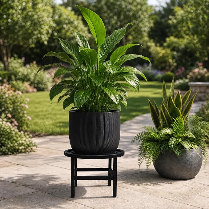 Plant Stand Indoor Outdoor,16 Inch Round Metal Plant Stands Riser,Heavy Duty Wrought Iron Pedestal Holders for Large Flower Pot,Outside Rust-Proof Black Flower Display Shelf for Patio,1-Pack