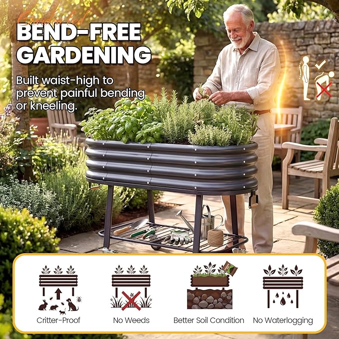 KING BIRD Large Raised Garden Bed with Legs Galvanized Elevated Planter Box in for Backyard, Patio, Balcony, Dark Grey, 47.2x23.6x29.9 in