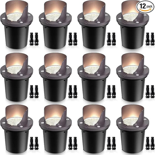 SUNVIE 12 Pack Low Voltage Landscape Lighting 12W LED Outdoor In-Ground Waterproof Shielded Well Lights Warm White Paver Lights with Wire Connectors for Pathway Garden Yard Fence Deck