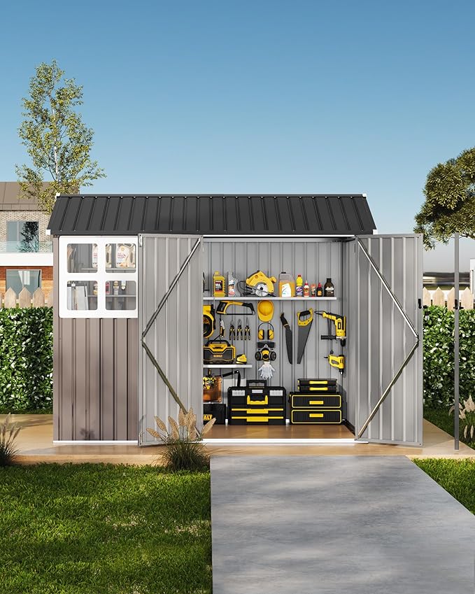 6x8FT Metal Storage Shed with Sloped Roof, Lockable Doors, Solar Light, Windows, and Vents, Outdoor Storage Sheds for Garden, Backyard, Patio Tools and Equipment