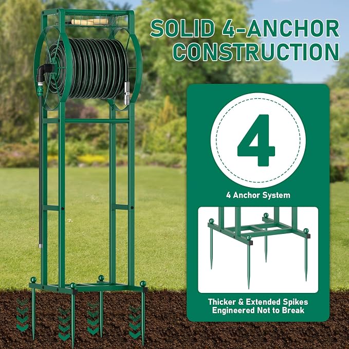 Garden Hose Reel Stand with Storage Rack - 125ft 5/8" Water Hose Organizer Holder, 4 Ground Spikes & Hooks, Universal Water Hose Adapter, Detachable Metal Frame, Green
