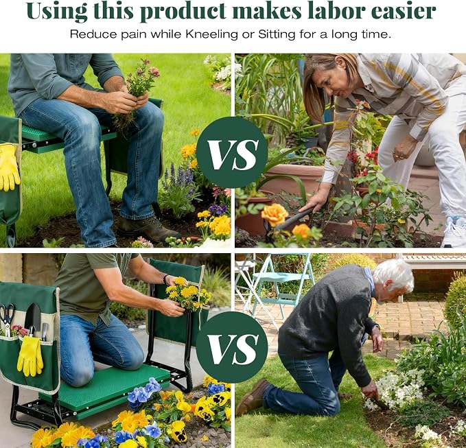 RAIN SPIRIT Garden Kneeler and Seat with Thicken & Widen Soft Kneeling Pad,Heavy Duty Gardening Bench Kneeler and seat Foldable Gardening Stool with 2 Tool Pouches，Gifts for Women, Seniors, Mom & Dad