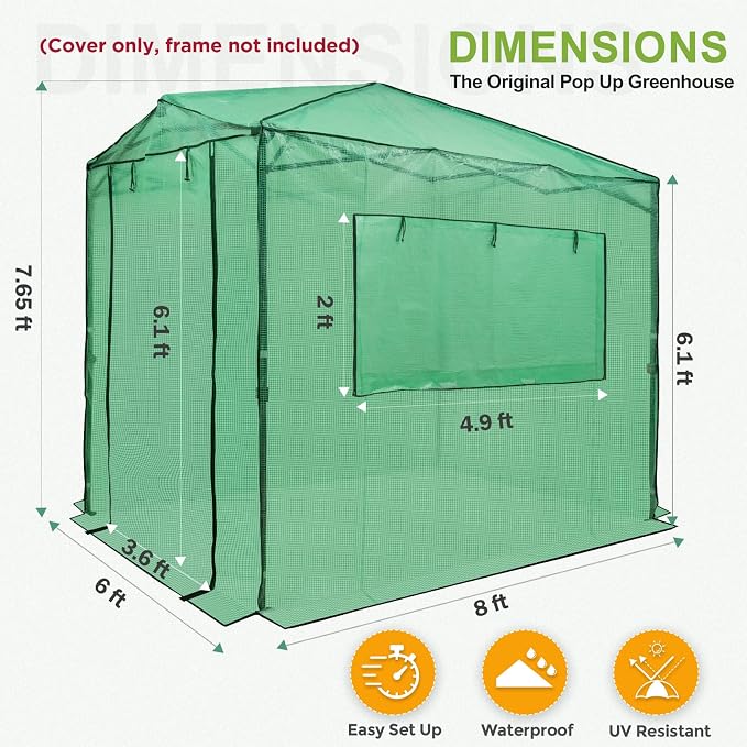 EAGLE PEAK Replacement Cover for 8x6 Portable Pop up Greenhouse, Dual Roll-up Zipper PE Door & Upgraded Screen Mesh Door and 2 Roll-Up Side Windows (Frame Not Included), Green