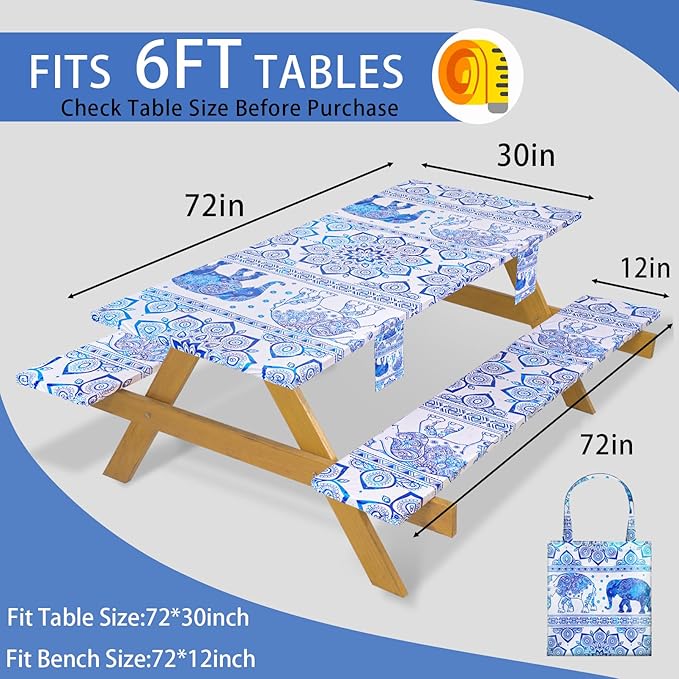 Fitted Waterproof Picnic Table Cover with Bench Covers Heavy Duty Elastic Outdoor Camping Tablecloth for 8 Foot Rectangle Tables Summer Rv Accessories Patio Garden Road Trip Essentials Gifts