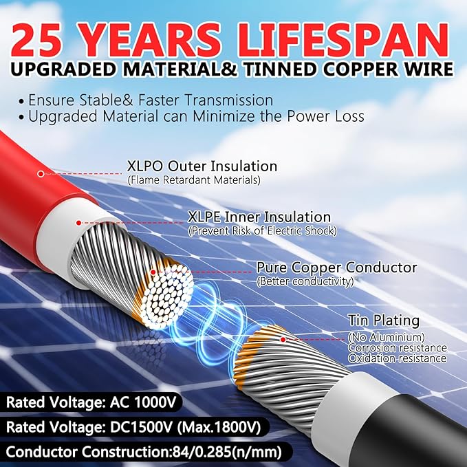 Vansdon 2x50 Feet Solar Panel Extension Cable- 10AWG Solar Cable Solar Panel Cable with Female and Male Waterproof Connectors for RV, Photovoltaic Systems