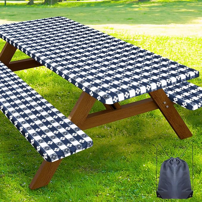 Smiry Picnic Table Cover with Bench Covers, Waterproof Elastic Fitted Tablecloth for 5 Foot Tables, Washable Polyester Tablecloths for Camping & Indoor (Dark Blue & White, 30x72 Inch 3-pc Set)
