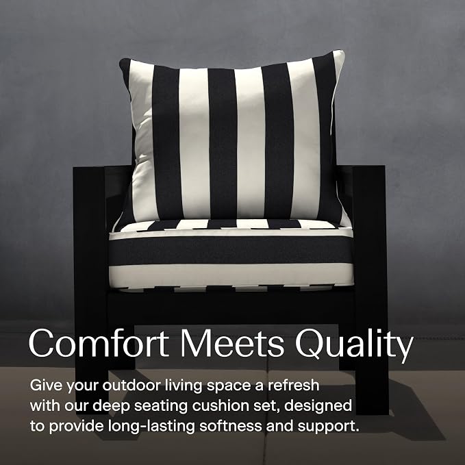 Honeycomb Outdoor Heritage Deep Seat, 25 x 26, Cabana Stripe Black & Ivory Chair Cushion with Removable Cover, for Patio Furniture