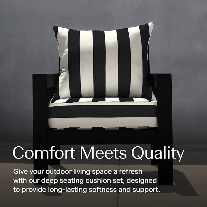 Honeycomb Outdoor Heritage Deep Seat, 24 x 23, Cabana Stripe Black and Ivory Chair Cushion with Removable Cover, for Patio Furniture