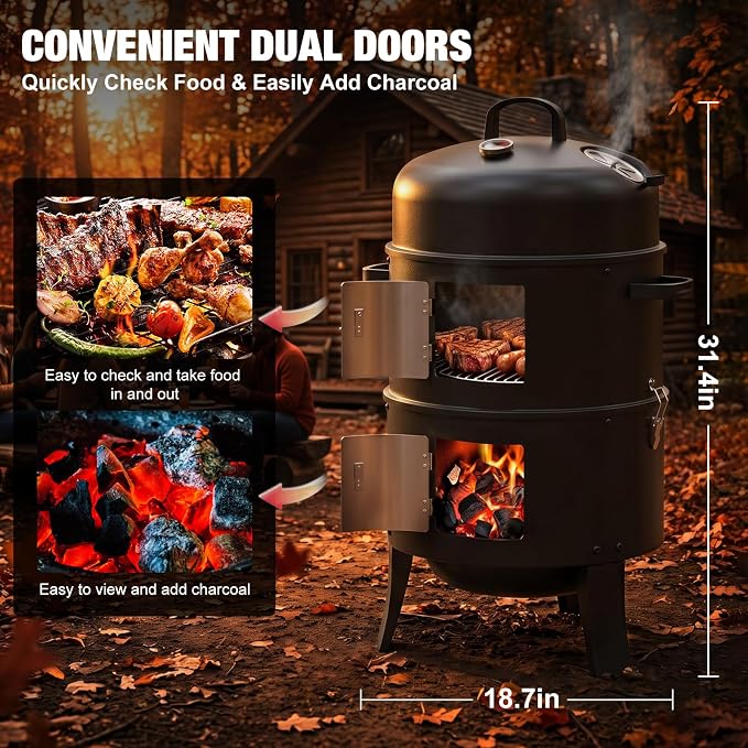 16" Charcoal Smoker, 3 in 1 Heavy Duty Vertical Barbecue Grill, Outdoor Fire Pit 402 Square Inches Cooking Area, Versatile Outdoor Smoker Grill, Black