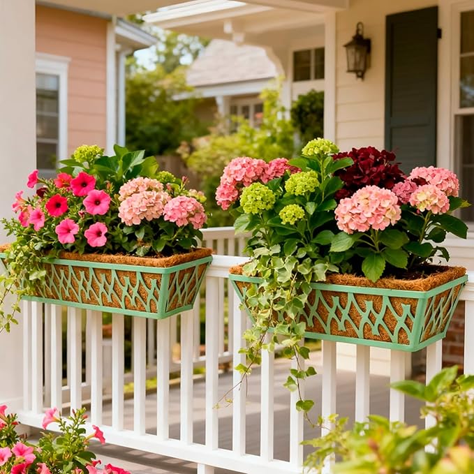 2 Pack 30 Inch Window Boxes Planters Railing Planter Box with Adjustable Brackets for Porch Fence Patio Balcony Hanging Flower Baskets with Coco Liners for Outdoor Garden Decor - Green