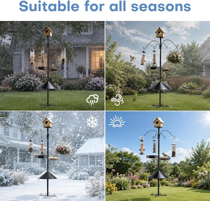 92 Inch Squirrel Proof Bird Feeder Pole with X shape Base Plate, Heavy Duty 1 Inch Dia Bird House Pole, Adjustable Multi-Hook Bird Feeding Station with Squirrel Baffle, Water Bowl & Mesh Tray