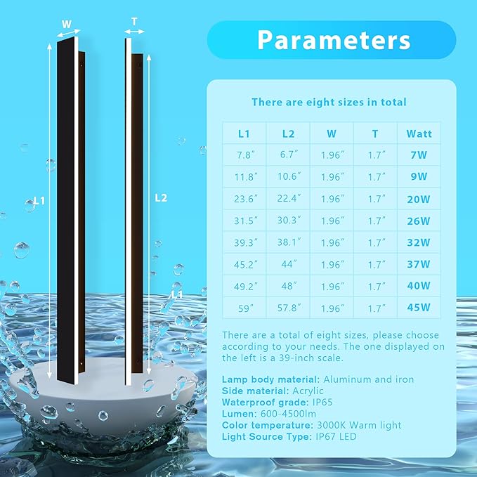Outdoor Wall Light LED Long Wall Sconce 45.28in Ip65 Waterproof Black Modern Outdoor Lights 3000k 37W Metal Exterior Light Fixture for Porch Light Patio Door Yard Garden Villa Living Room