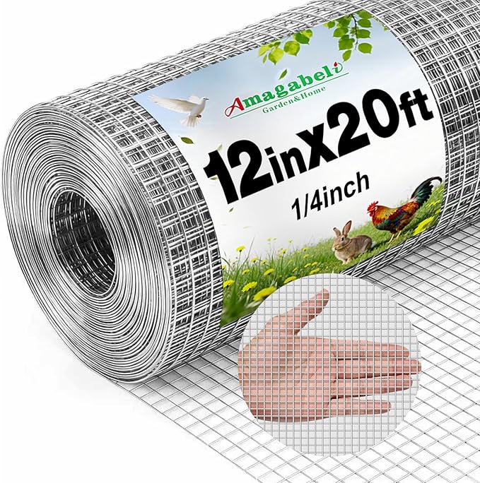 Amagabeli Hardware Cloth 1/4 inch 12inx20ft Galvanized After Welding 23 Gauge Square Chicken Wire Fence Mesh Roll Raised Garden Bed Plant Supports Poultry Netting Cage Snake Rabbit Gopher DIY Craft