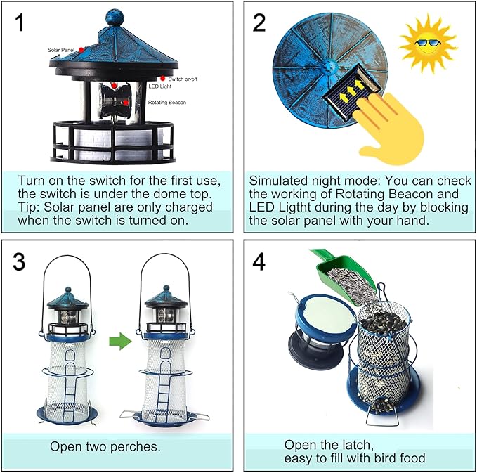 Solar Lighthouse Bird Feeder with Rotating Beacon - 14" Hanging Best Birdfeeder Gifts for Bird Lovers(Space Blue)
