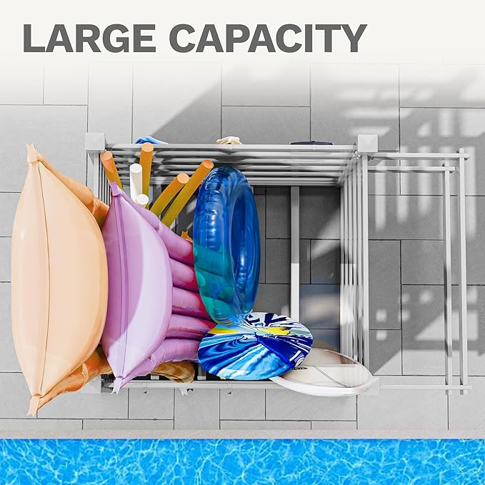 DWVO Pool Storage Bin, 64"x46"x38" Large Waterproof Pool Float Organizer with 6 Movable Hooks, Outdoor Resin Poolside Deck Box for Goggles, Towels & Pool Accessories, Gray