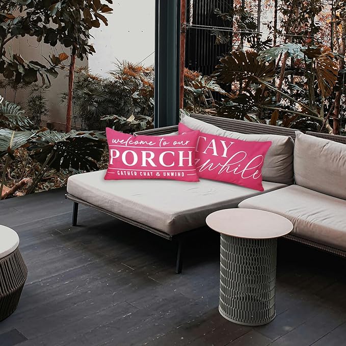 TAJWE Pink Outdoor Pillow Covers Waterproof 12x20 Set of 2 Decorative Welcome to Our Porch Stay Awhile Cushion Cases for Patio Furniture Sofa Couch Decor