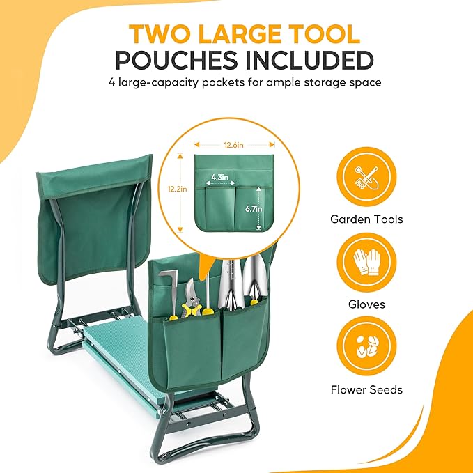 Simple Deluxe Garden Kneeler and Seat, Foldable Kneeling Stool with Thicker EVA Foam Pad, Heavy Duty Bench with Tool Pouch, Gifts for Outdoor Gardening, Fishing, Green, Arbor Day Gift