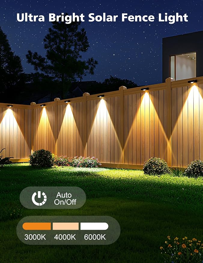 VOLISUN Solar Fence Lights, Fence Lights Solar Powered, IP65 Waterproof LED, 3 Color Temperatures Outdoor Solar Lights for Yard, Fence, Wall, Backyard (12 Pack, Black)