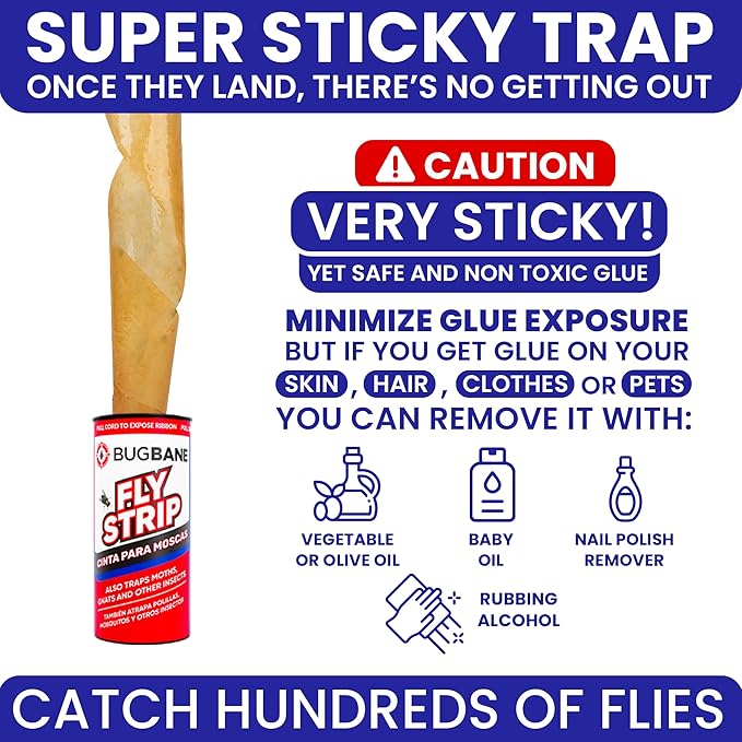 Fly Strips Indoor Sticky Hanging 48pk with Pins. Non Toxic Outdoor Fly Trap Indoor for Home. Flies Tape Paper Trap Ribbon Roll for House Gnat Fruit and Housefly. Bug Catchers for Inside Home Flypaper.