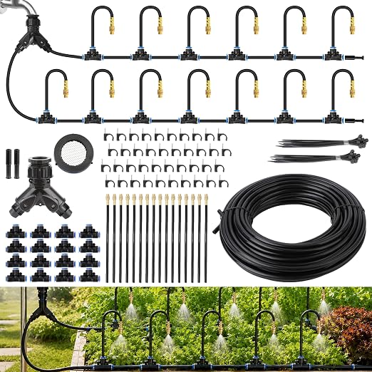 360° Adjustable Micro Drip Irrigation System, 16 Brass Sprinkler Heads & Bendable Stems, Automatic Watering Kit with 1/4" Tubing for Raised Bed, Lawn, Vegetable & Outdoor Plants (200ft)
