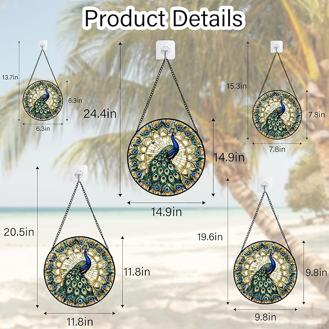 DASTOLL Stained Glass Window Hanging - Retro Peacock Decoration Suncatcher for Door Garden Home Bird Feather Sun Catchers Christmas Mother's Day Birthday Gifts for Women Men Mom Nana Friend 14.9 in
