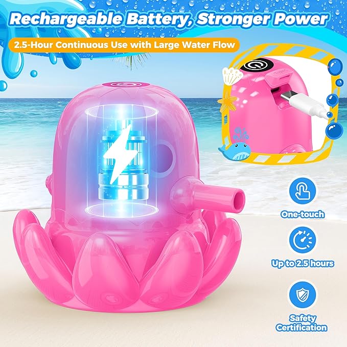 Water Table Pump, Battery Powered Continuous Water Pump for Water Table, Cordless Octopus Rechargeable Magnetic Pump, No Drill Installation, Outdoor Water Play Accessory for Kids (Pink)