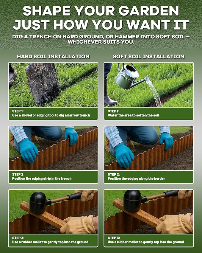Corrugated Metal Garden Edging, Sturdy Rusty Garden Edging Border for DIY Flower Bed, Lawn and Landscape Edgings, Hemmed Edges Design, Easy Installation with Garden Gloves (40 FT x 12 in)