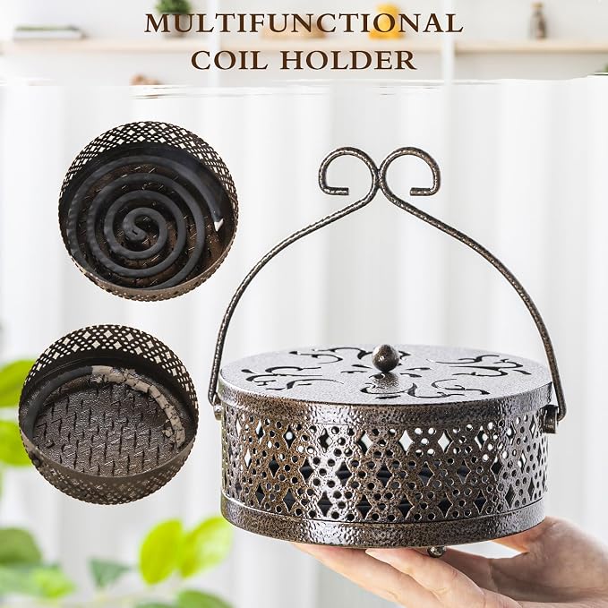 Lallisa Incense Coil Holder Sets, Round Metal Hanging Incense Burner with Handle and Lid, Portable Coil Burner Stand Container for Patio Camping Garden Home Indoor Outdoor Decor(Bronze Color,4 Pcs)
