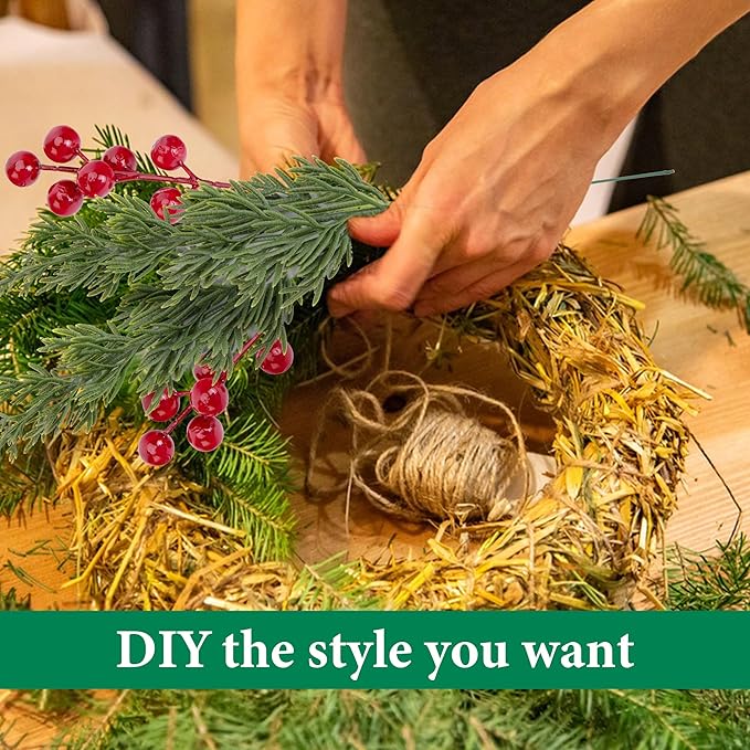 Watayo 45 Pcs Christmas Artificial Pine Branches with Red Berry Stems, 10.5" Faux Evergreen Norfolk Pine Cypress Leaves Stems, Fake Foliage Pine Needles Picks for DIY Craft Garland Home Decor