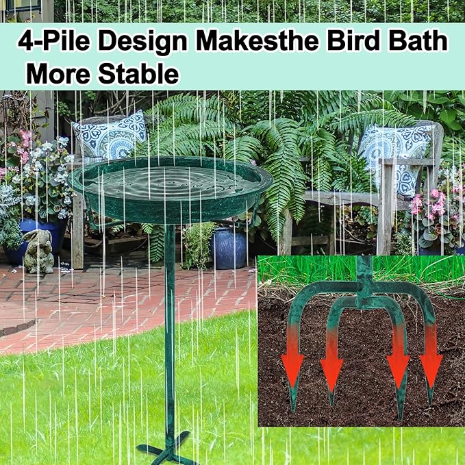 Metal Bird Bath for Outside, 36.2" Height Birdbath Bowl Standing Bird Feeders for Outdoors with 4 Prongs Base Stake, Freestanding Birdfeeders for Garden Yard Lawn Decor (Retro Green)