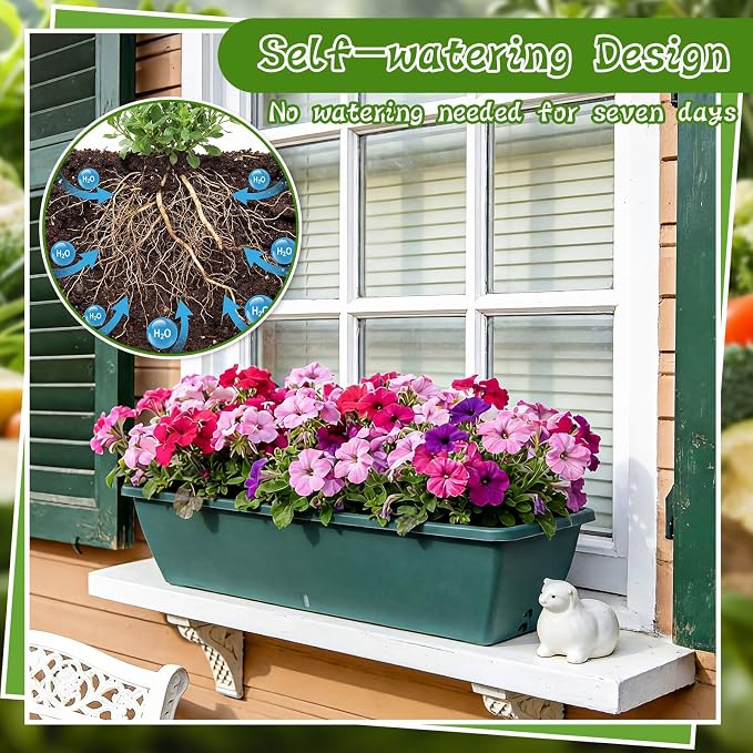 8 Pcs 24 Inch Plastic Flower Window Box Planter with Water Absorbing Net Drainage Holes & Visible Water Level Window, Rectangular Vegetable Flower Pots for Indoor Outdoor (Green)