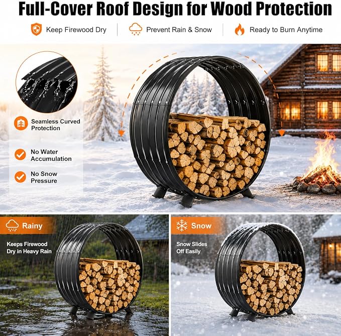 24" Firewood Rack with Roof Cover, Indoor & Outdoor Log Holder Keeps Firewood Dry, Clean & Organized for Fireplace, Patio & Backyard, Heavy-Duty Steel Wood Storage Rack, 400LBS Capacity