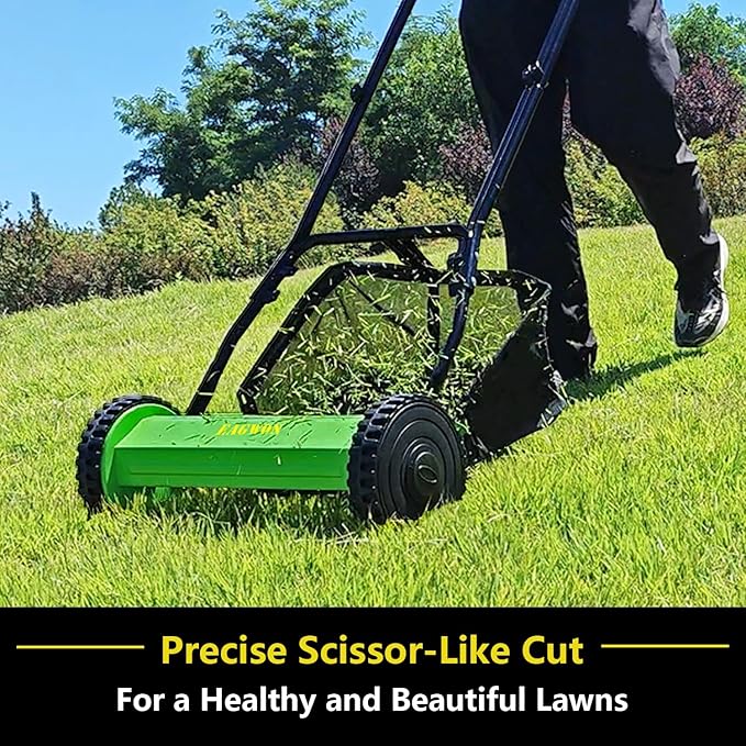 14-Inch 5-Blade Manual Push Reel Lawn Mower Cordless, with Removable Grass Catcher Bag & Adjustable Cutting Height, for Yard & Garden Grass Cutting