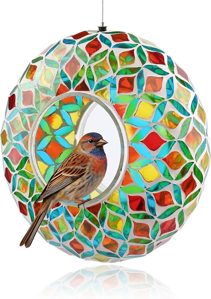 SAVENNA Mosaic Glass Hanging Bird Feeder, 8 Inch Handcrafted Outdoor Feeder with Steel Wire Rope, Decorative Garden & Patio Feeder for Wild Birds, Colorful Abstract Mosaic Design