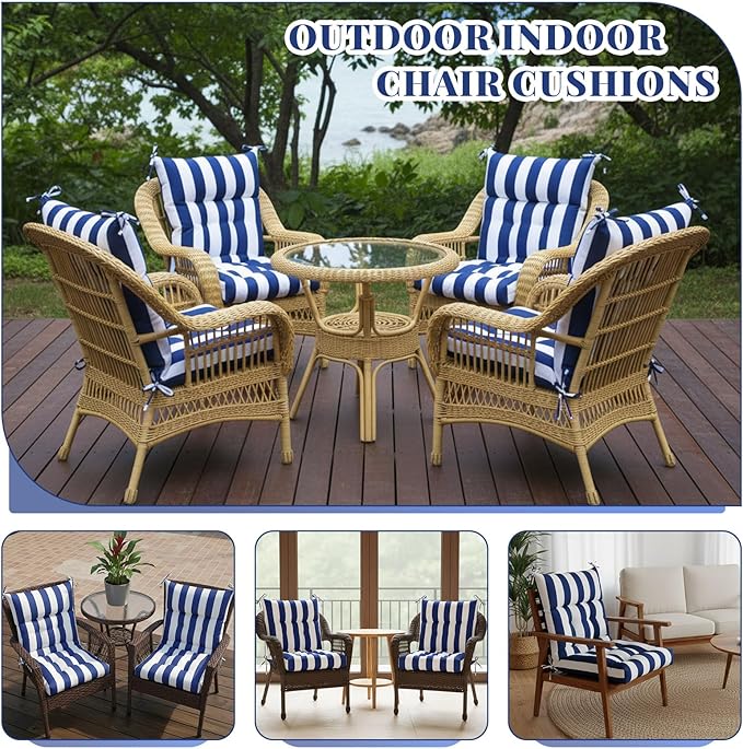 Sintuff 4 Pcs 44 x 21 x 4 Patio Chair Cushions Outdoor Chair Cushion Seat/Back Tufted Pillow with Ties Water Resistant Replacement Indoor Patio Furniture Outdoor Furniture (Stripe,Blue and White)