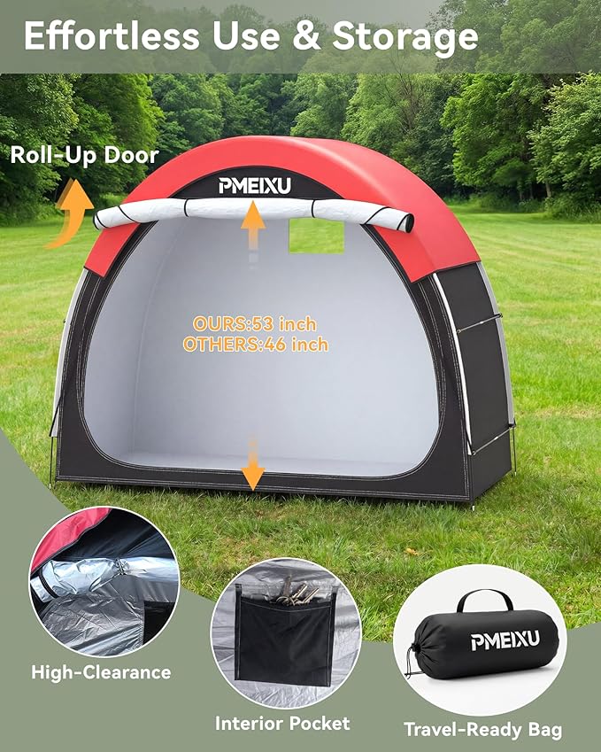 Upgraded Bike Storage Shed Tent, 210D Oxford Fabric PU4000 Waterproof Bicycle Shed, 53" High-Clearance Outdoor Shelter for 2-3 Bikes, Portable Storage for Motorcycles Garden Tools & Lawn Mowers