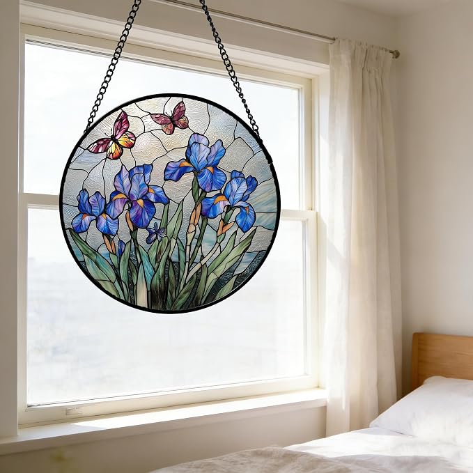 DASTOLL Stained Glass Window Hanging, Blue Iris Flowers Butterfly Suncatcher Diamond Colorful Glass Panel Sun Catchers Decor for Birthday for Women, Men, Wife, Aunt, and Mom 6.3 in