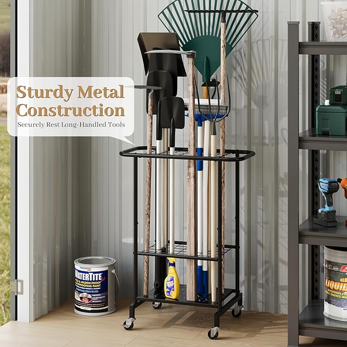Garden Tool Organizer with Wheels, Heavy Duty Metal Garage Tool Storage Rack, Yard Tool Holder for Long-Handled Tools, Rakes and Brooms, Indoor and Outdoor Use for Shed, Patio
